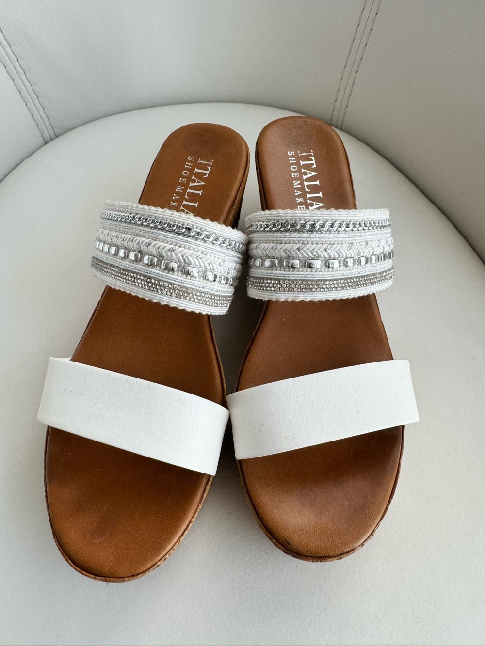 Italian Shoemakers White Slide Sandals with Embellished Straps